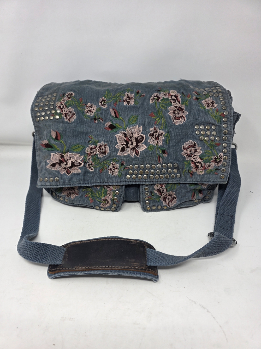 Free People Floral Embroidered Studded Canvas Messenger Bag Denium Leather Boho